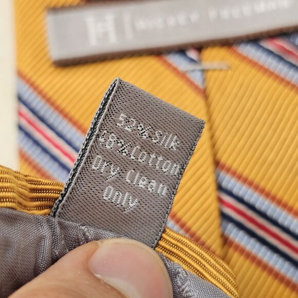 Hickey Freeman Made in USA Yellow Red Blue Repp Stripe Silk And Cotton Tie Woven - Picture 3 of 9